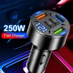 250W Auto Ladegerät 5 Ports PD QC 3.0 USB C Schnellladegerät für iPhone Android